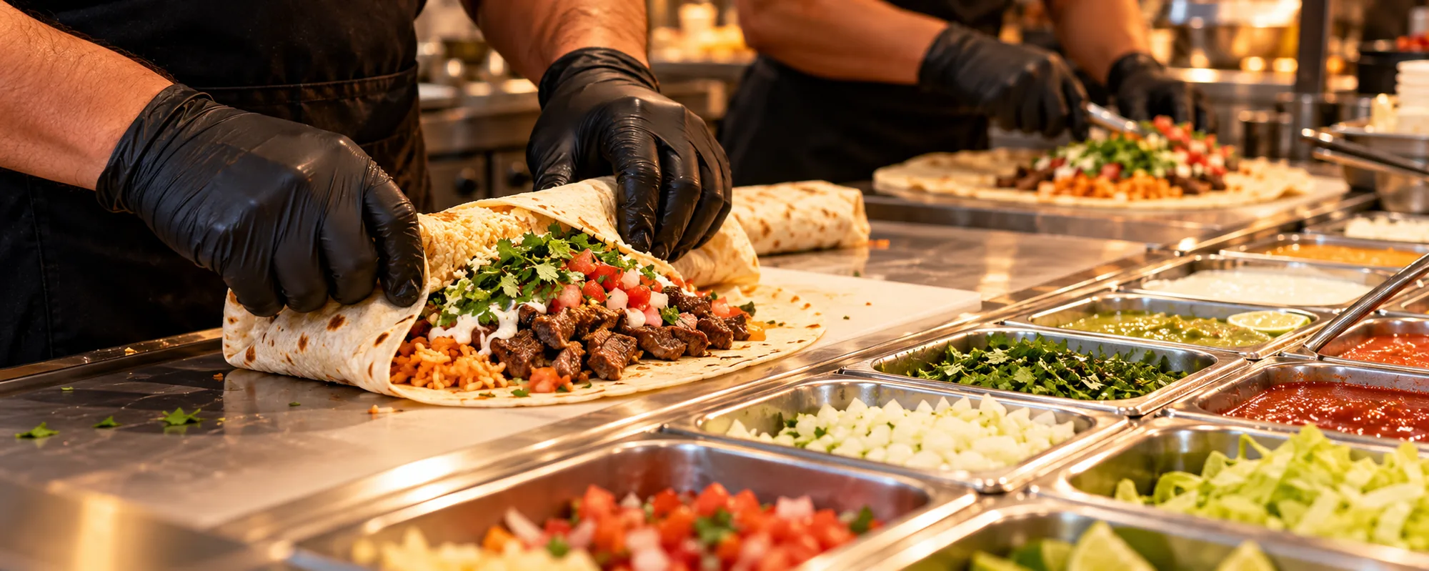 Cooks in black gloves rolling a carne asada burrito at a counter lined with pico de gallo, onions, cilantro, salsa and lettuce