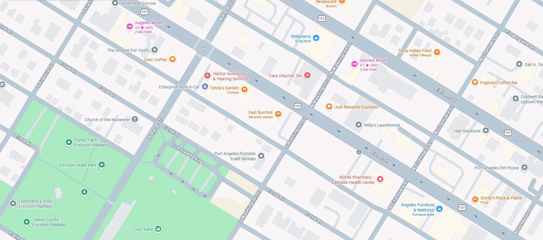 Map of downtown Port Angeles with Fast Burritos on East First Street between Race and Washington